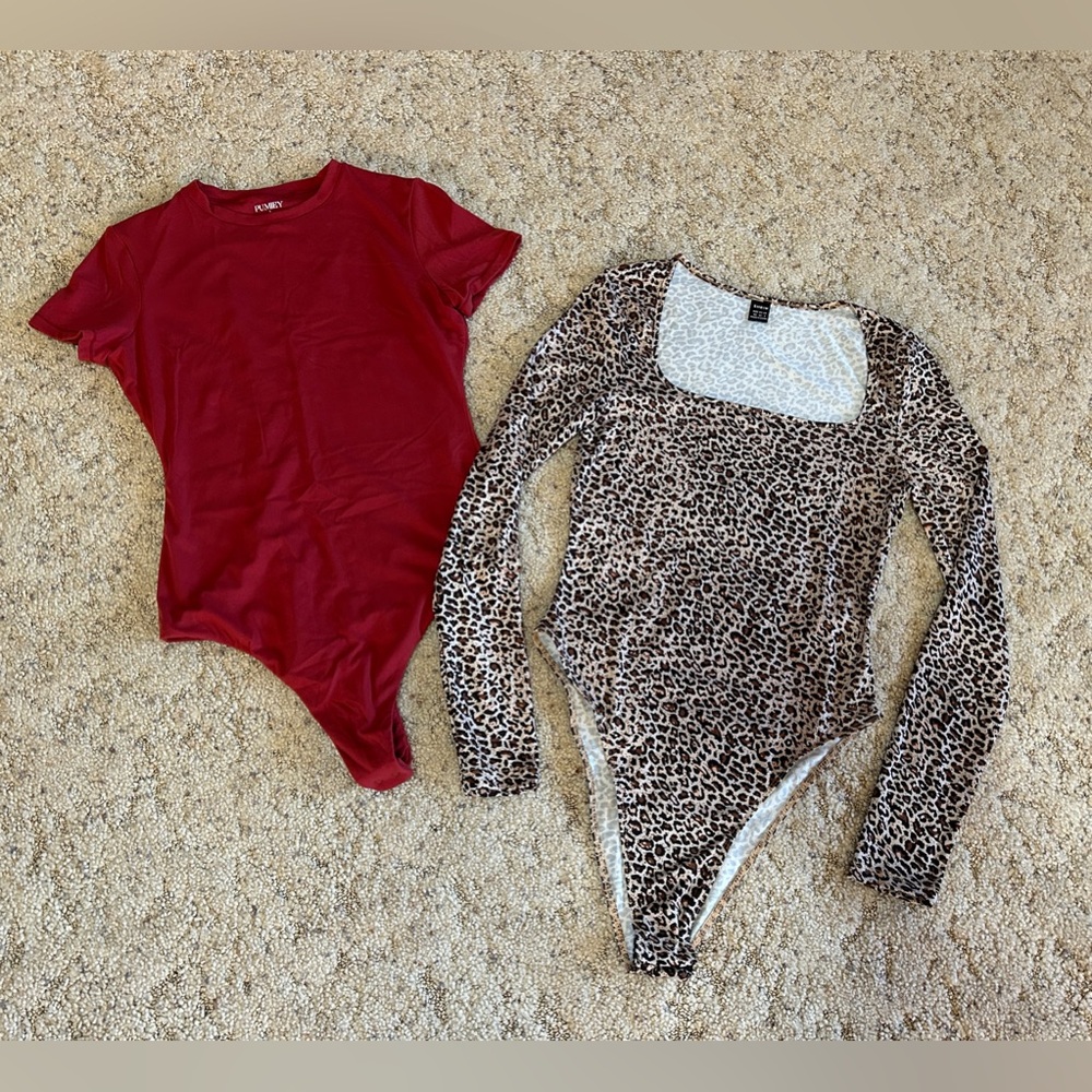 Set of 2 bodysuits, SHEIN leopard scoop neck (XS), PUMIEY deep red crewneck (S)